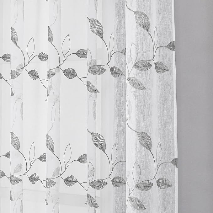Tollpiz Grey Leaf Sheer Tier Curtain Kitchen 30 x 36 Inches | Leaves - Image 8