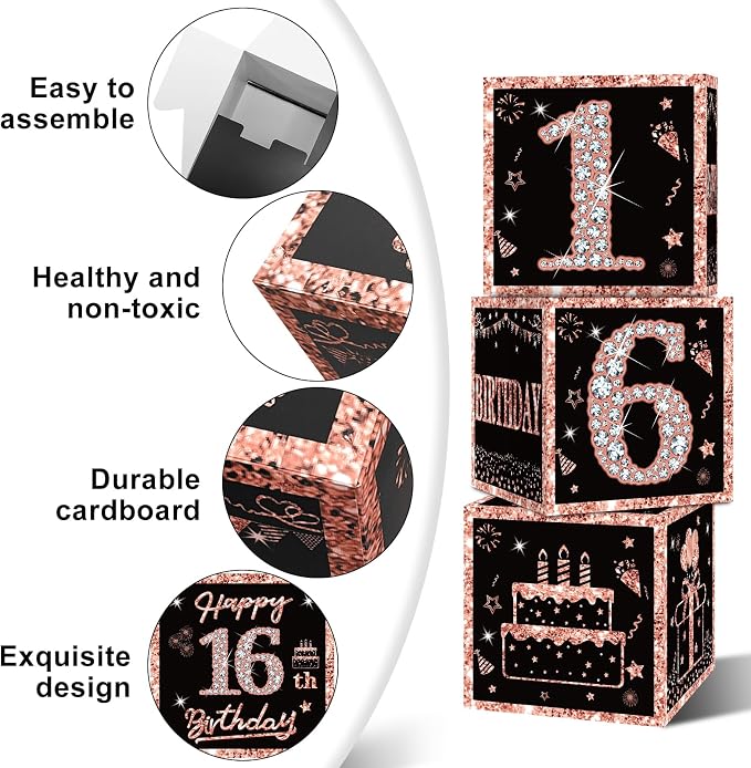 Eiurteao 3pcs Rose Gold 16th Birthday Decorations Boxes - Image 4