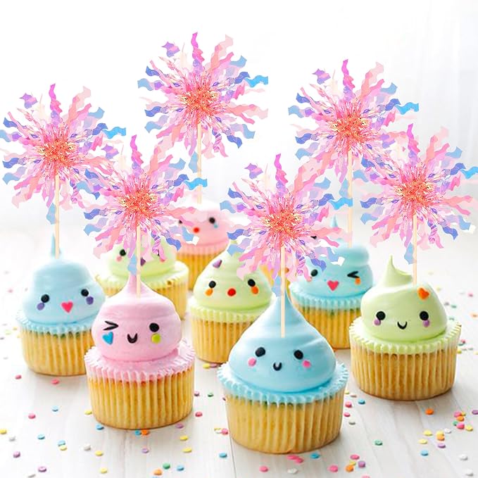 30 PCS Foil Firework Cupcake Toppers Sparkle Tinsel Cupcake Picks Happy - Image 4