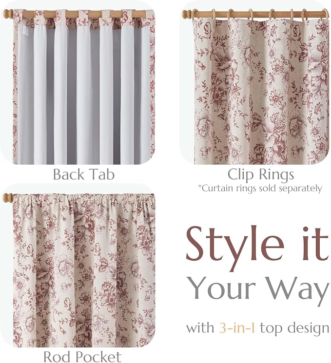 jinchan Red Floral Linen Blackout Curtains Lined 84 Inch Back Tab 2 Panels | - Image 4
