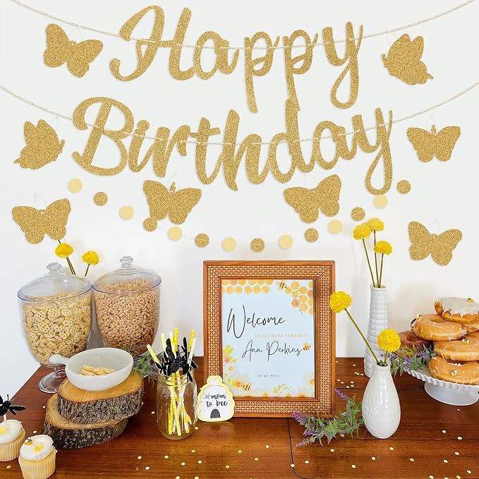 Pre-Strung Happy Birthday Banner, NO DIY Party Decorations | Glitter Gold - Image 4