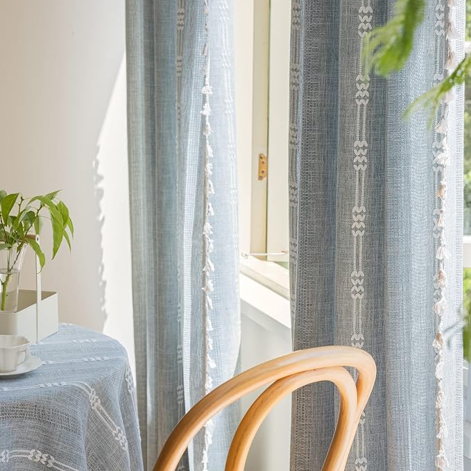 ENJOYBRIDAL Boho Curtains 63 Inch Length 2 Panels Semi Sheer Blue Grey Drapes - Image 6