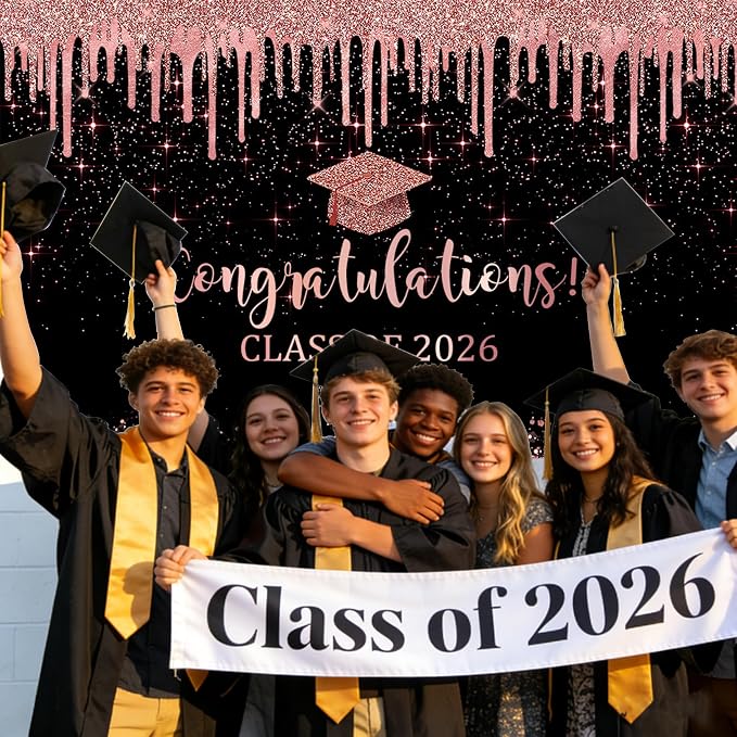 Mocsicka Black and Rose Graduation Backdrop Class of 2026 Photography - Image 3