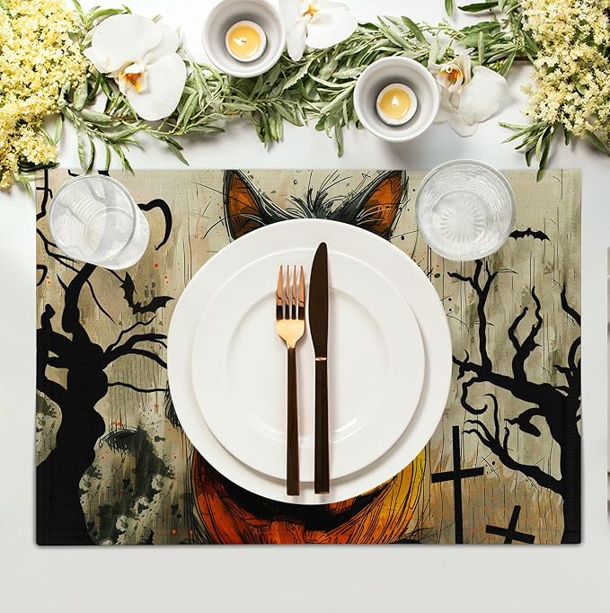 Halloween Black Cat Pumpkin 12x18 Placemats Set of 4 Happy Halloween Bat Branch - Image 3