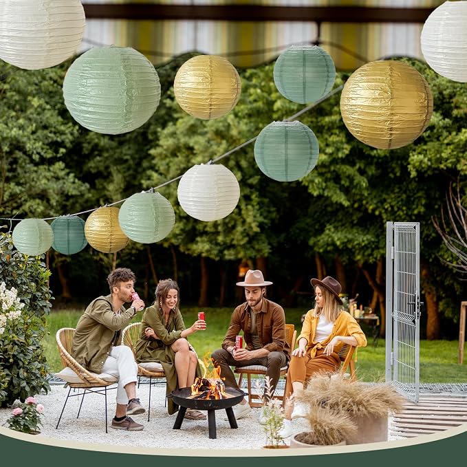 12Pcs Sage Green Gold Paper Lanterns Olive Chinese Hanging Round Paper Lanterns - Image 2