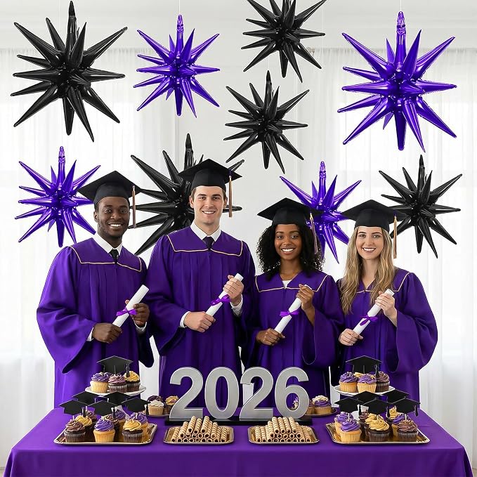 9Pcs Purple and Black Star Balloons, Large Explosion Foil Balloons, Metallic - Image 4