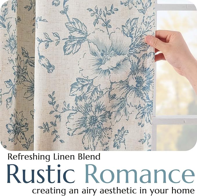 jinchan Blue Floral Linen Blackout Curtains Lined 90 Inch Back Tab 2 Panels | - Image 5