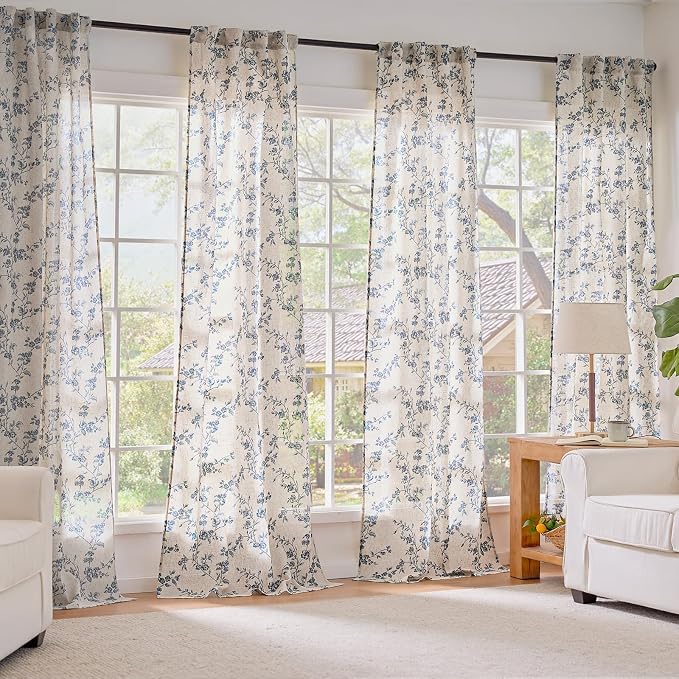 Extra Long Blue Vintage Floral Linen Curtains Farmhouse 2 Panels | Elisa - Image 7