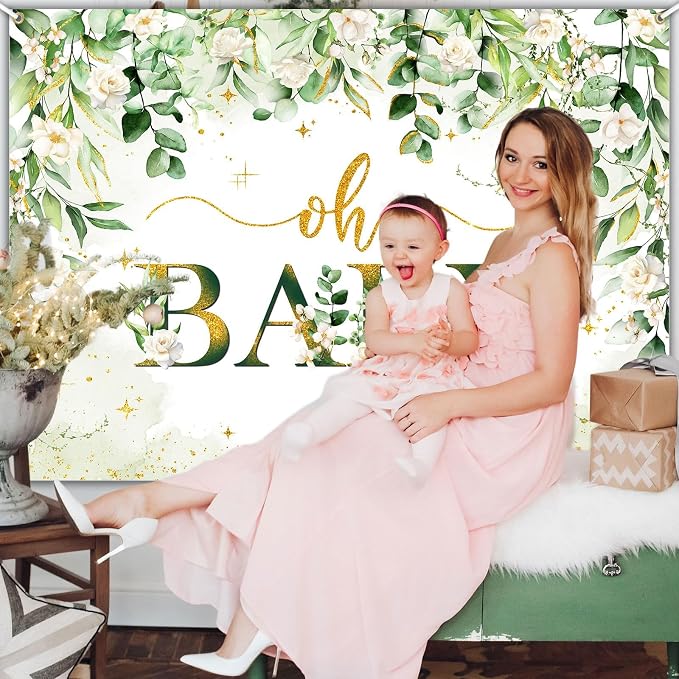 Greenery Boy Baby Shower Decorations Banner Floral Green Sage Oh Baby Backdrop - Image 4