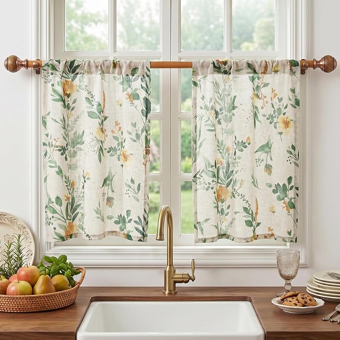 MYSKY HOME Floral Kitchen Curtains 36 Inches Linen Tier Curtains Farmhouse by MYSKYHOME