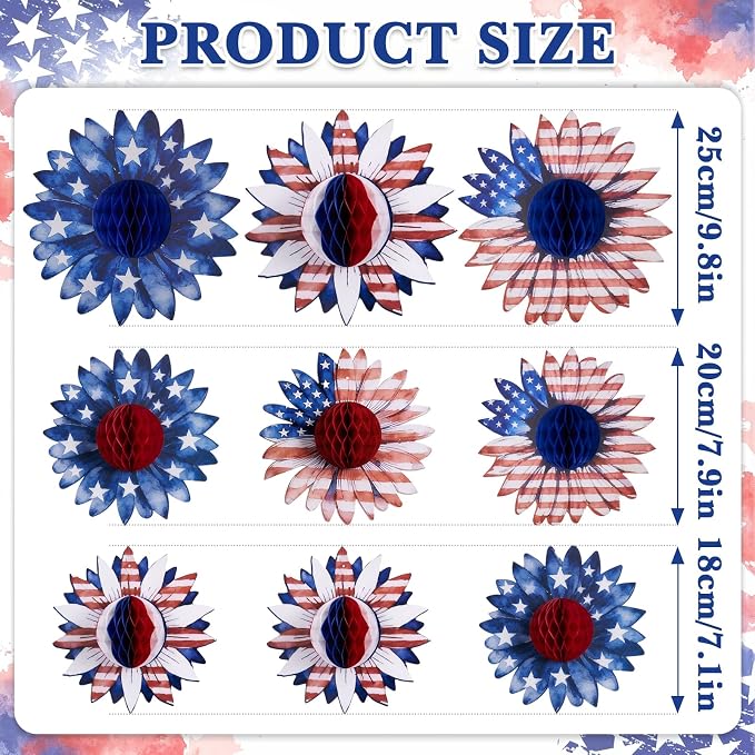 SUNBEAUTY 4th of July Patriotic Decorations Red White Blue Hanging Honeycomb - Image 3