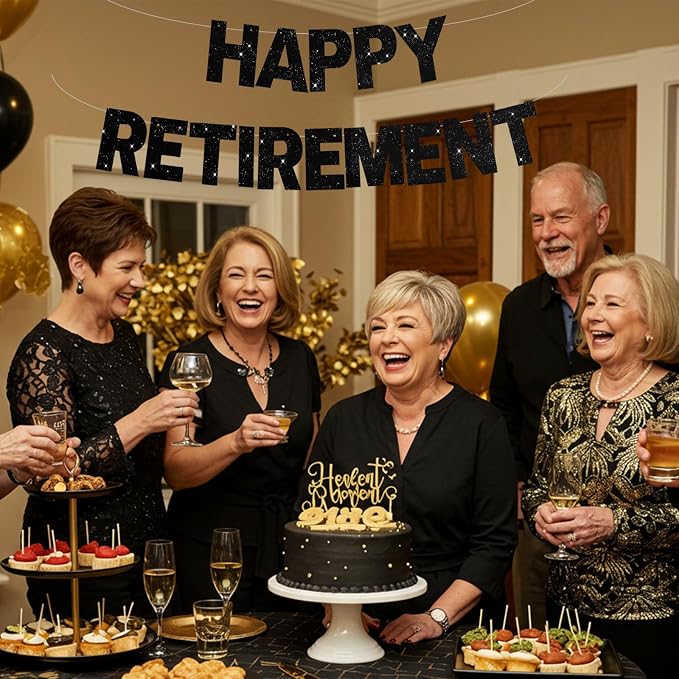 Glitter Black Happy Retirement Banner Pre-Strung Retirement Party Decorations - Image 4