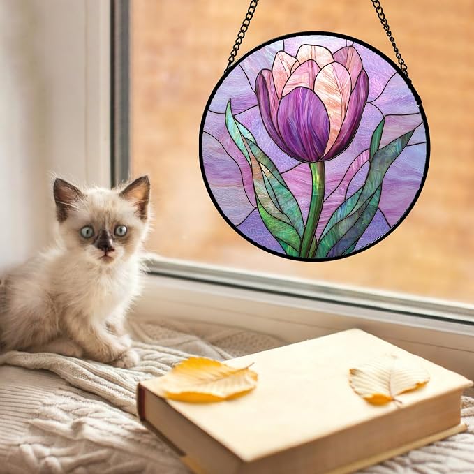 DASTOLL Stained Glass Window Hanging Purple Tulips Flower 6.3" - Image 2