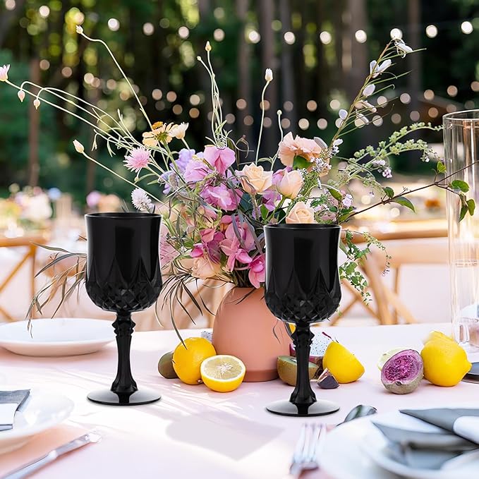 JLYLOL Plastic Vintage Wine Glasses 7OZ Plastic Goblets Vintage Drinking Glasses 48PCS Retro Wedding Glassware Water Goblets Reusable Drinking Cups for Party,Reception,Celebration,Bar,Whiskey(Black)