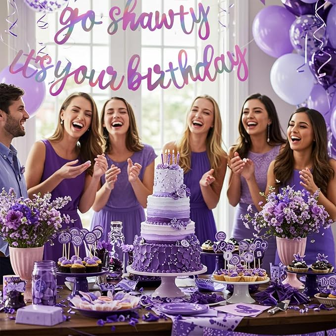 BEISHIDA Rainbow Purple Go Shawty It's Your Birthday Banner Decor NO DIY | - Image 4