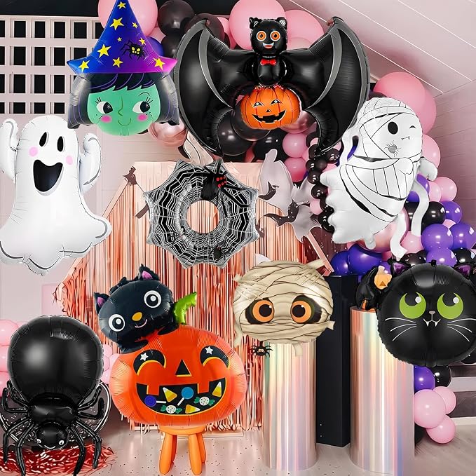 9Pcs Halloween Balloons Decoration Set, Foil Ghost, Spider Web, Pumpkin & Bat - Image 4