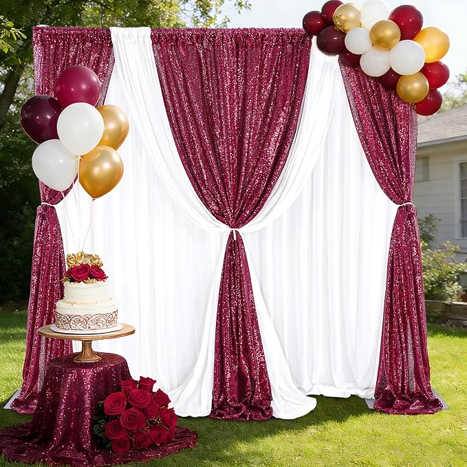 Burgundy Sequin Backdrop Curtains 4 Pcs 2ftx8ft Glitter Shimmer Fabric | - Image 5