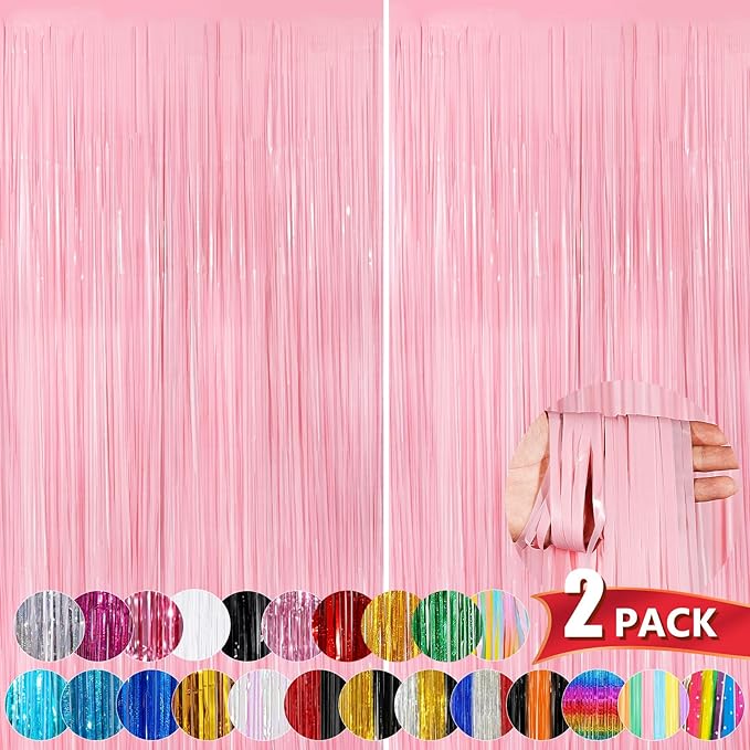 Pastel Pink Metallic Tinsel Foil Fringe Curtains, 2 Pack 3.3x8.3 Feet Tinsel by NUWDHP