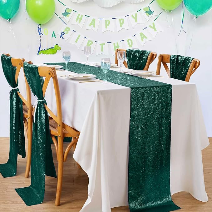 Sequin Table Runners 2 Pieces Emerald Green Table Runners 12x72 Inch Glitter Dining Table Cover for Party Wedding Birthday Reception Banquet Decoration Spring Party Chair Sashes