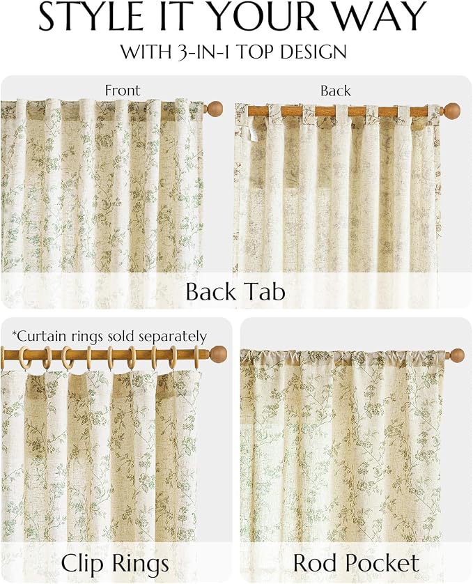 jinchan Green Floral Linen Curtains 96 Inch Farmhouse Back Tab 2 Panels | - Image 8