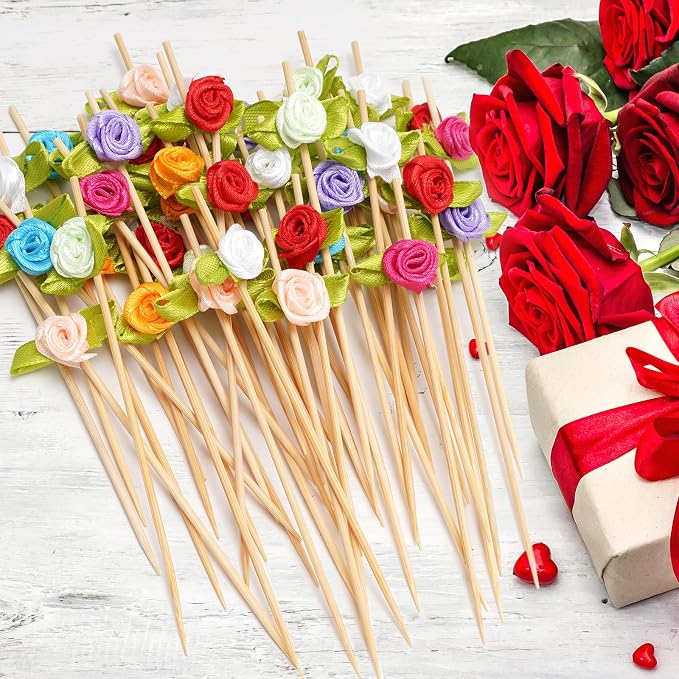 Minisland Multicolor Rose Flower Cocktail Picks, 4.7 Inch Long Bamboo Fancy - Image 4