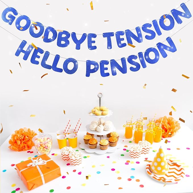Retirement Banner Pre-Strung GOODBYE TENSION HELLO PENSION Banner Glitter - Image 4