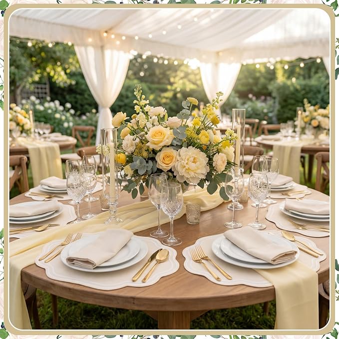 6 Pcs Beige Wedding Placemats Scalloped Embroidered Cotton Linen Placemats 17" - Image 6