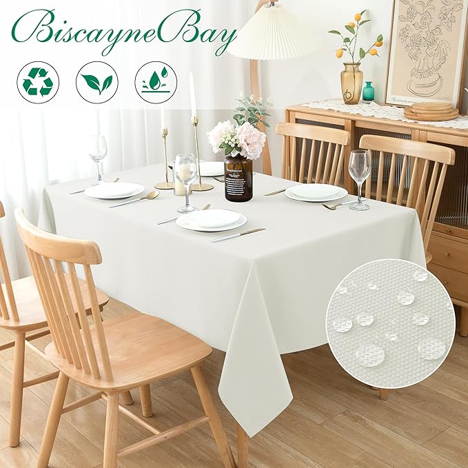 Biscaynebay Textured Fabric Tablecloths 70x108 Inches Rectangular, Ivory Water Resistant Tablecloths for Dining, Kitchen, Wedding, Parties etc. Machine Washable