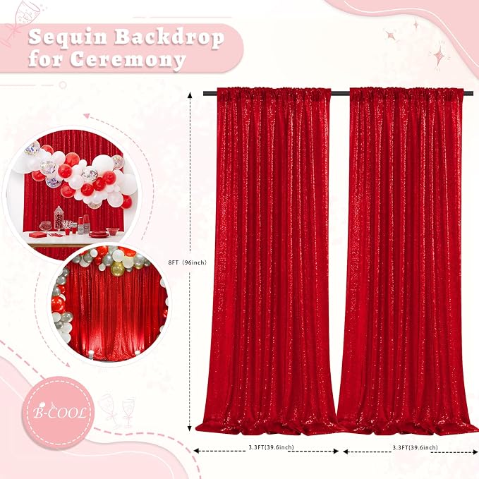 Red Sequin Backdrop Curtains 2 Pcs 3.3ftx8ft Sparkle Backdrop Fabric | Glitter - Image 4