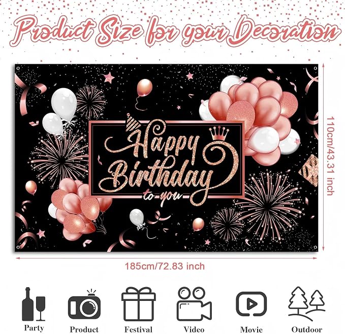 Blulu Happy Birthday Backdrop Banner Sign Poster Large Fabric Glitter Balloon - Image 2