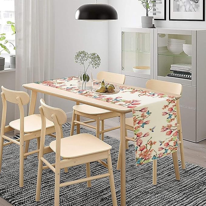 Spring Floral Bird Table Runner, Watercolor Pink Flower Plants Nature Butterfly Table Runner for Kitchen Dinner Living Room Home Party, 13x36 Inch