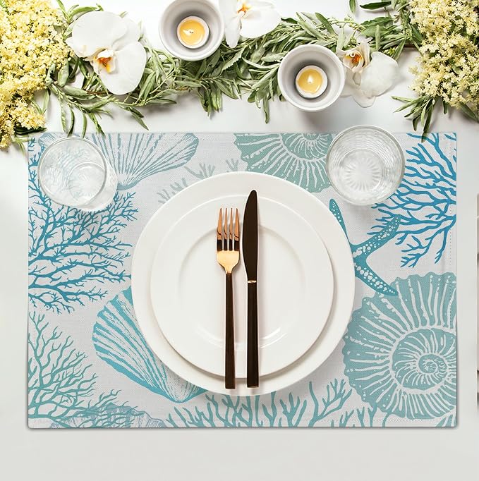 Nautical Coastal Blue Placemats Set of 4 Summer Teal Turquoise Beach Theme - Image 3