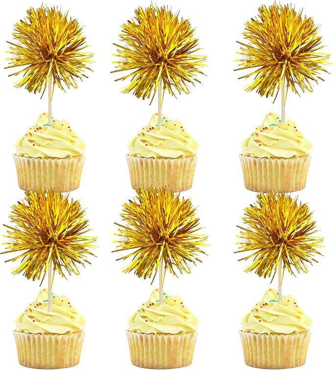 Gyufise 30Pcs Foil Firework Cupcake Toppers Sparkle Tinsel Cake Toppers Tinsel by Gyufise