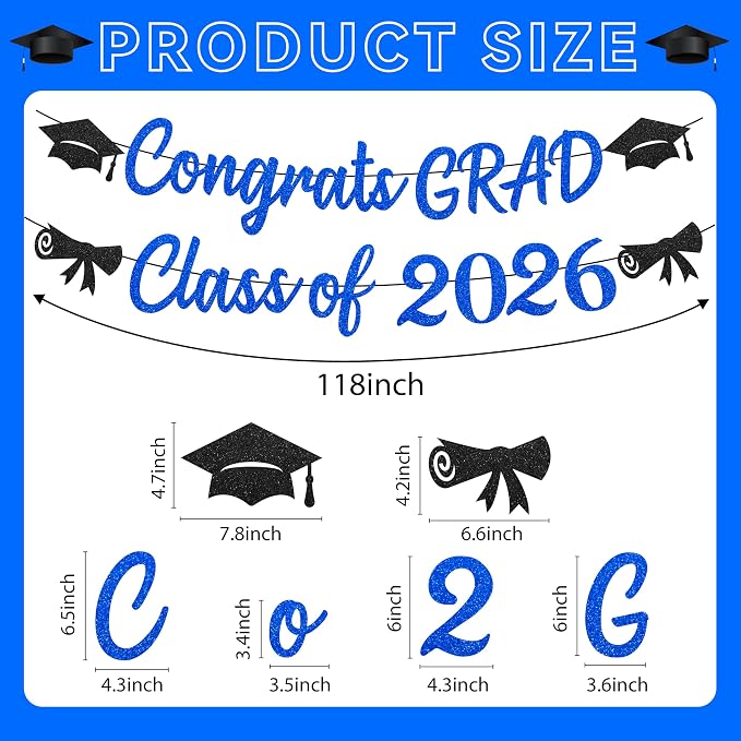 Blue Graduation Decorations 2026, Glitter Black and Blue Congrats Grad Banner - Image 4