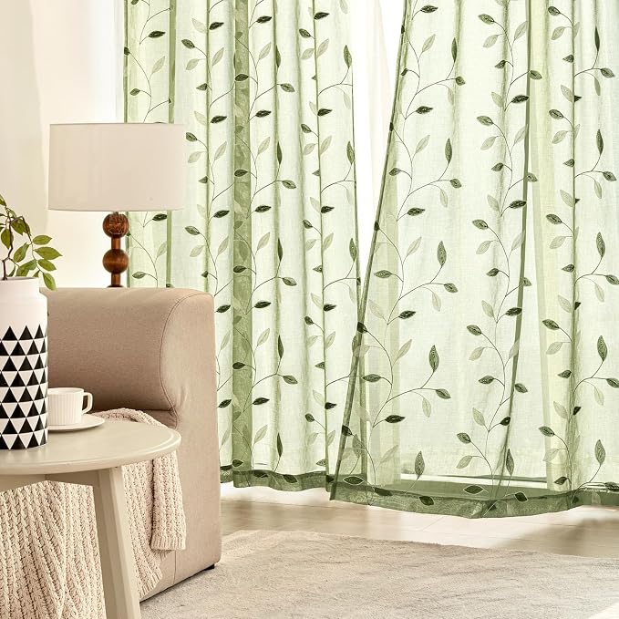 MIULEE Sage Green Sheer Curtains 2 Panels Leaf Patterned, W30 x L24 | - Image 3