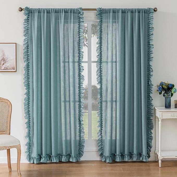 TERLYTEX Stone Blue Ruffle Curtains 84 Inches Long 2 Panels, 58 x 84 Inch - Image 2