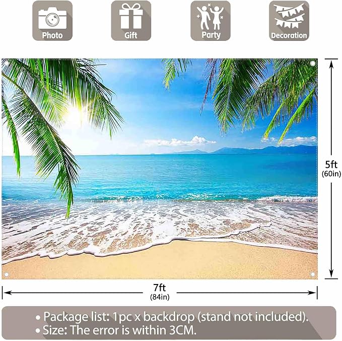 7x5ft Summer Beach Photography Backdrop Hawaii Tropical Banner | Ocean Seaside - Image 3