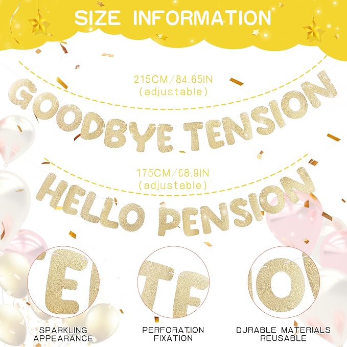 Retirement Banner Pre-Strung GOODBYE TENSION HELLO PENSION Banner Glitter - Image 2