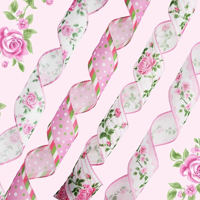 4 Rolls Pink Rose Floral Wired Edge Ribbon – 2.5 Inch, 5 Yards Each, Summer - Image 6