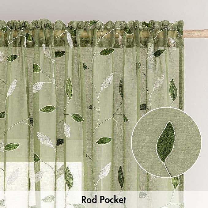 MIULEE Sage Green Sheer Curtains 2 Panels Leaf Patterned, W52 x L84 | - Image 6