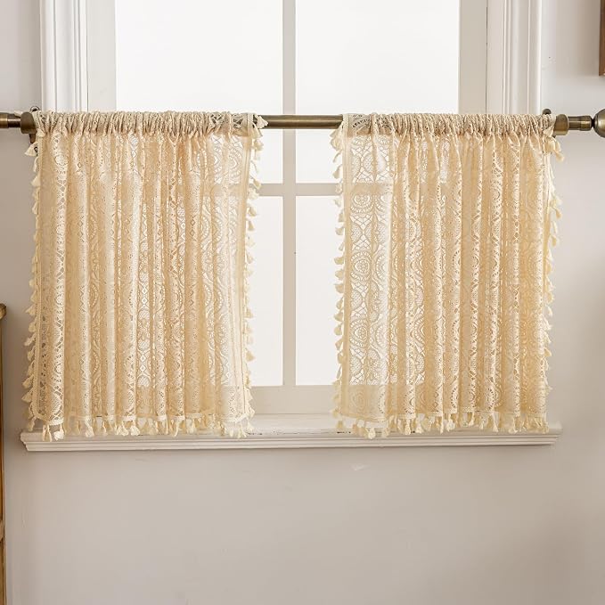 YJ YANJUN Boho Lace Curtains 24 inch Length 2 Panels, Vintage Floral Crochet by YJYANJUN