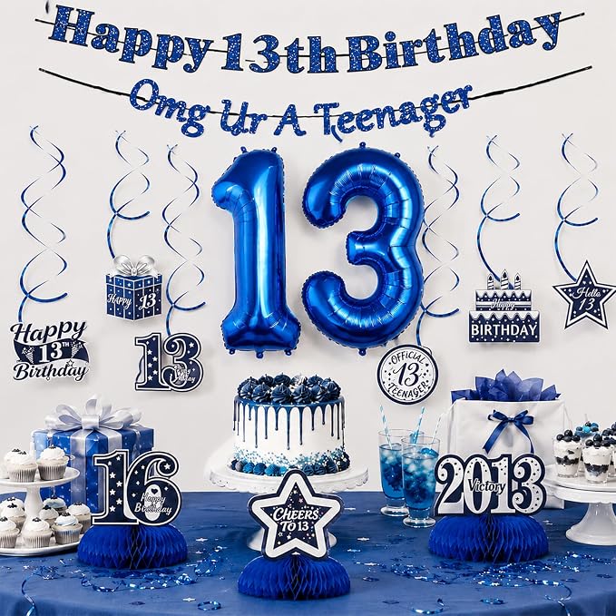 13th Birthday Decorations For Boys, Pre-Strung Navy Blue Happy 13th Birthday & - Image 2