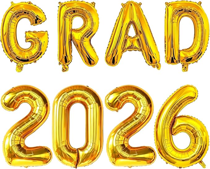 32 Inch Graduation Balloons, Large Foil Mylar 2026 Number and GRAD Letter by NUMONE
