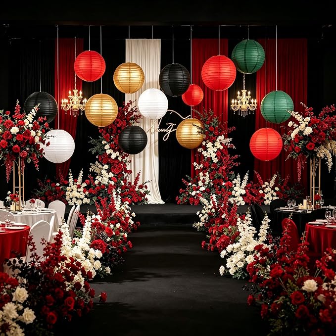 10 Pcs Paper Lanterns Decor, 8 & 10 Inch Hanging Round Lanterns in Red Black - Image 7