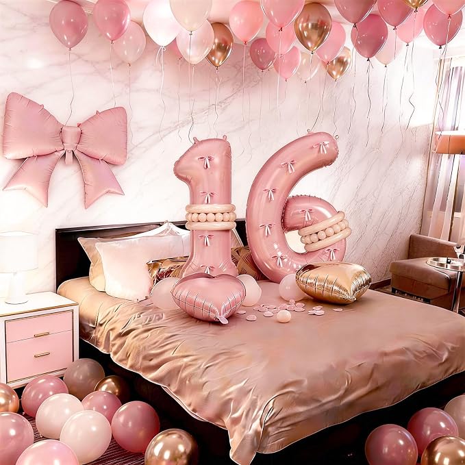 40 Inch Number 6 Balloon Pink, Dusty Blush Pink Gold White Sand Apricot Latex - Image 4