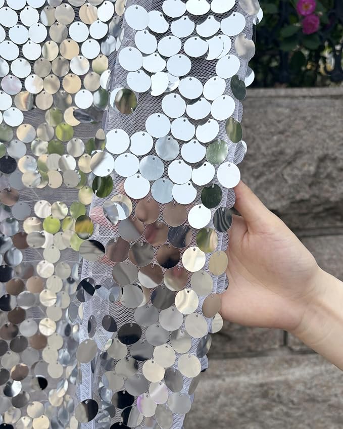 Silver Sequin Backdrop 18MM Large Sequins, 4x10 Feet, 2 Panel Glitter Sparkler - Image 2