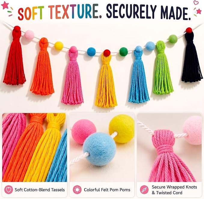Syhood 3 Pcs Boho Tassel Garland Boho Rainbow Pom Pom Wall Decor Each 50'' - Image 5