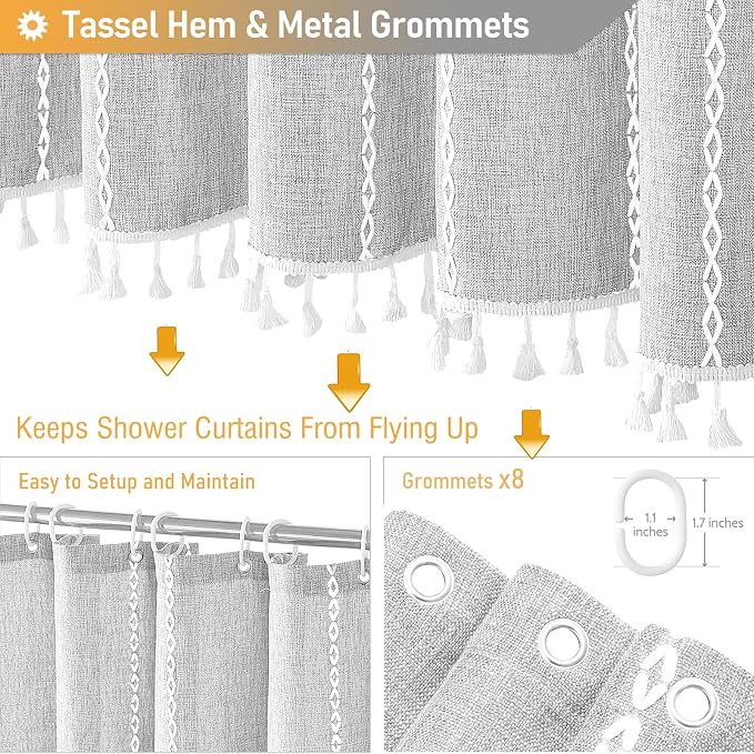 48 x 72 Boho Linen Heavy Duty Cloth Shower Curtain Set, 330GSM Linen Blend - Image 5