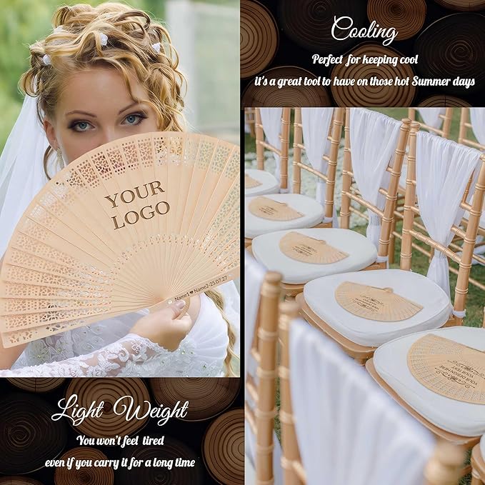100 PCS Custom Fans Personalized Folding Fans for Line Dancing Wooden Hand Fan Wedding Favors Bulk Fans for Guests Party Event Use (Style16)