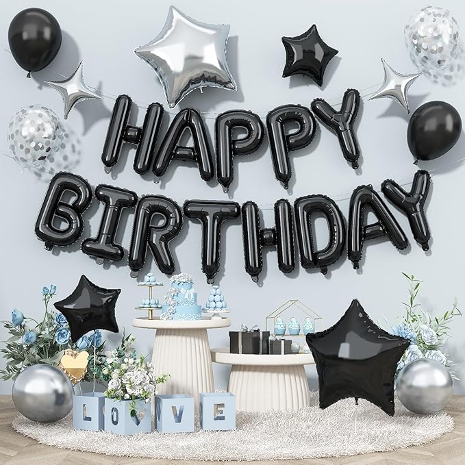Happy Birthday Balloon Banner Black Silver, 16 Inch Mylar Foil Letter Balloons by Togvu